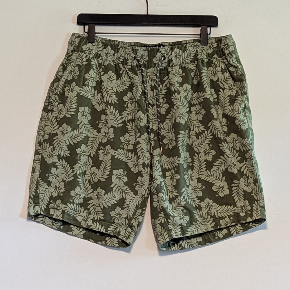 Beach Bros Olive Hawaiian Floral Elastic Waist Shorts Lg Casual Summer Tropical